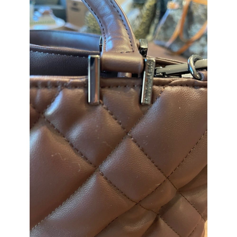 Steve Madden Brown Quilted Satchel Crossbody Bag SM Logo Handbag Minimalist Luxe - Picture 6 of 15